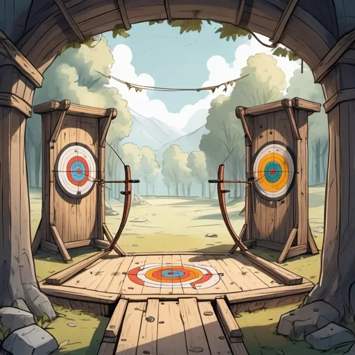 Prompt: color sketch of a fantasy archery range with wooden targets