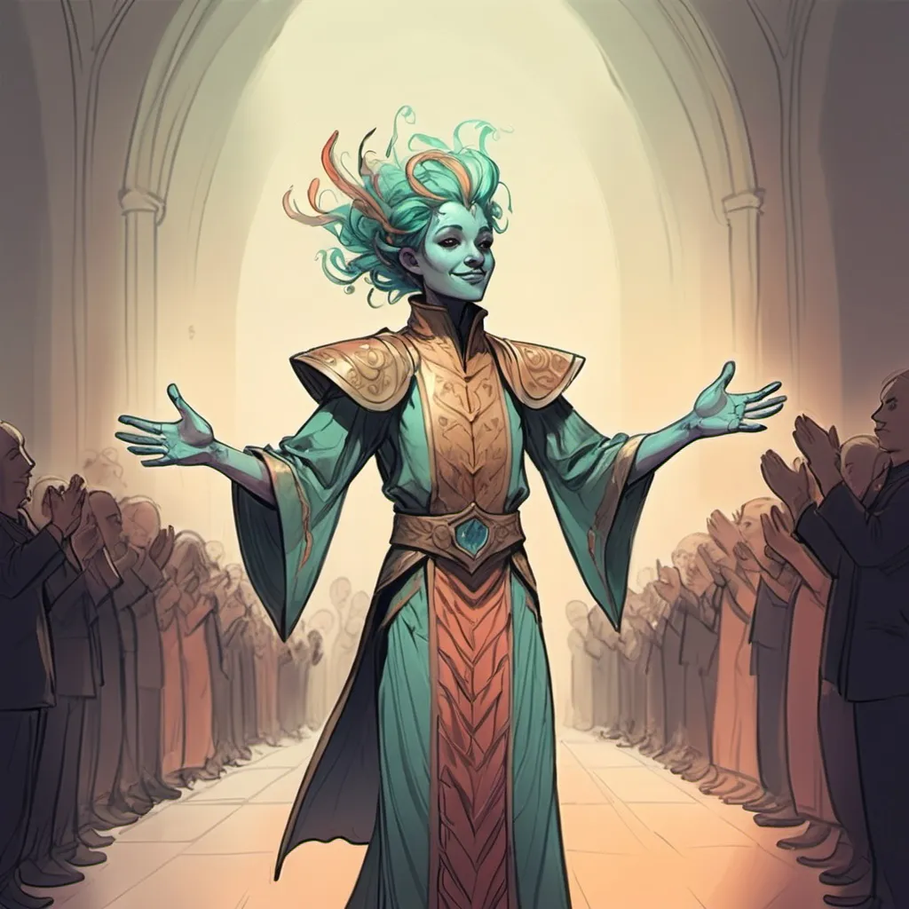 Prompt: color sketch of a fantasy person accepting applause