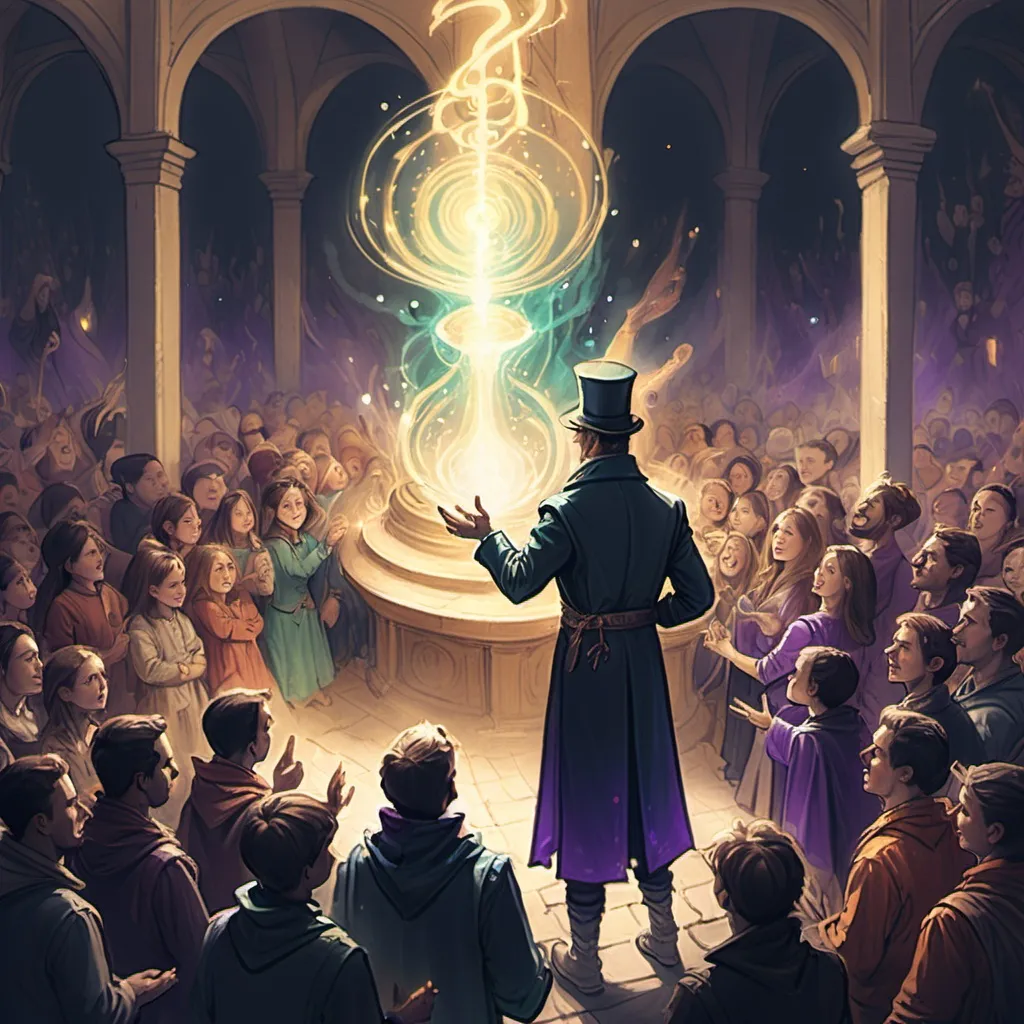 Prompt: color sketch of a fantasy character showing magic spells to a crowd with the magician on the left of the picture and the crowd on the right