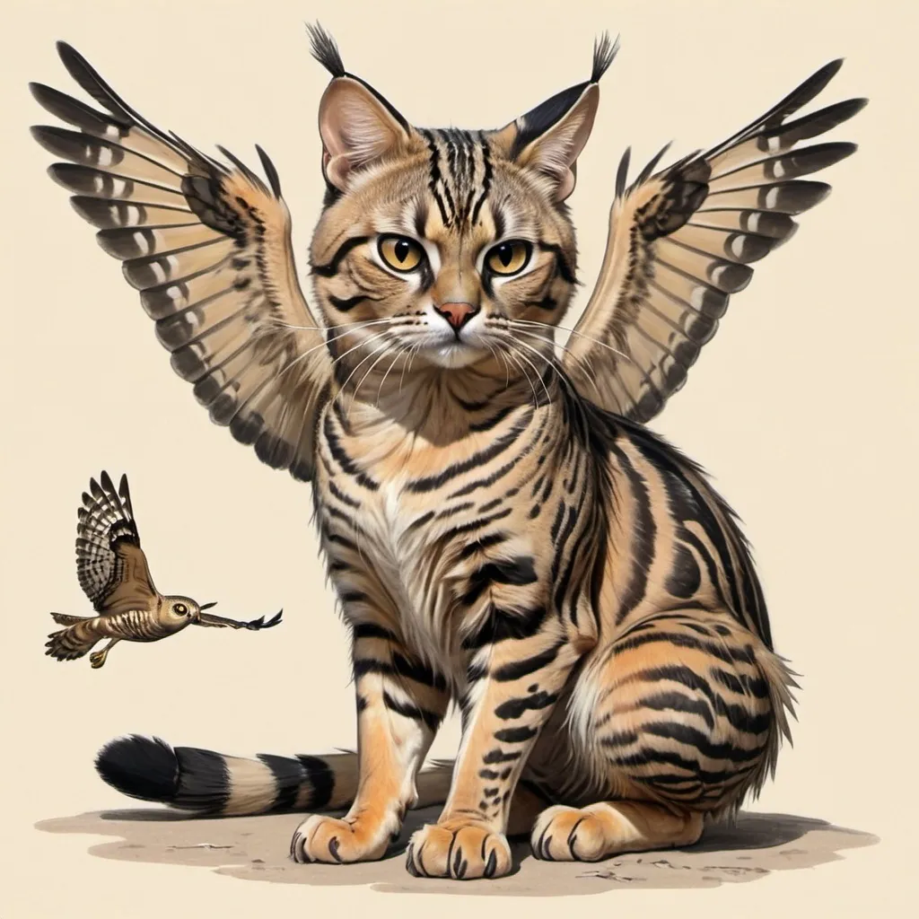 Prompt: A sketch of black footed cat with owl wings