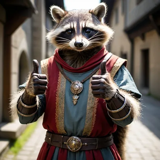 Prompt: a humanoid raccoon, in medieval clothing, posing to give a thumbs up.