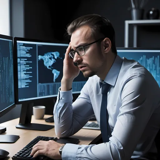 Prompt: Create a cyber security professional sitting at a desk in front of multiple monitors, looking stressed and overwhelmed.
