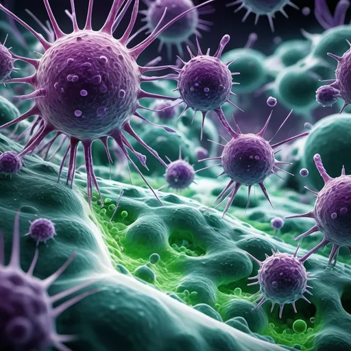 Prompt: (immune cells attacking cancer cells), dynamic conflict, dramatic lighting, vibrant colors with intense greens and deep purples, high contrast, scientific illustration, detailed cellular structures, microscopic view, high depth of field, ultra-detailed, futuristic, cutting-edge science, energetic and powerful atmosphere, white background resembling a lab environment