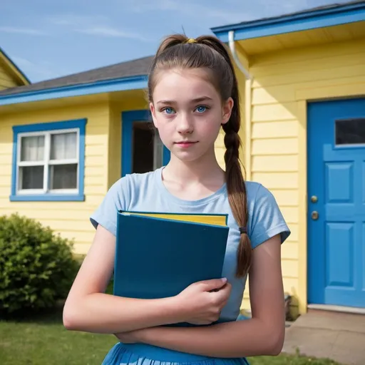Prompt: a fifteen year old girl with chestnut brown hair in a pony tail with blue eyes, in front of a blue house, holding a yellow book.