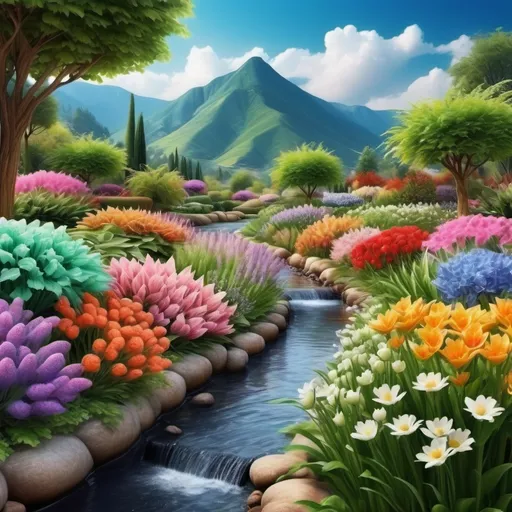 Prompt: make a  beautiful  flowers in a garden with beatiful ble sky in the left hand make a stream os water and in the right side make  green mountains



