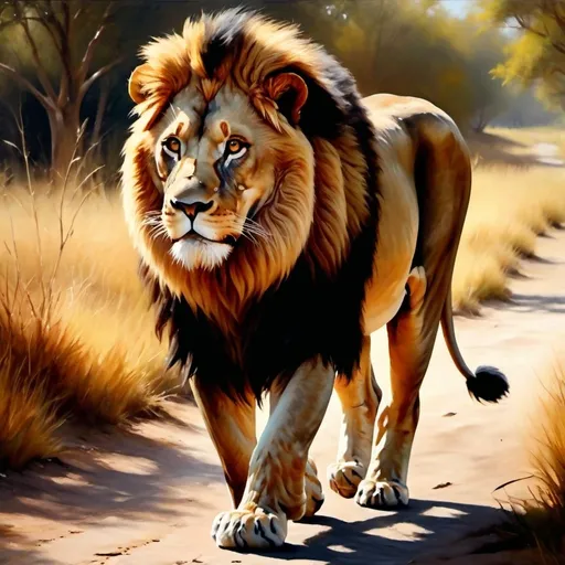 Prompt: Lion walking alone, oil painting, realistic fur texture, 4k, high-quality, wildlife, solitary, realistic, majestic, natural lighting, warm tones, detailed mane, professional