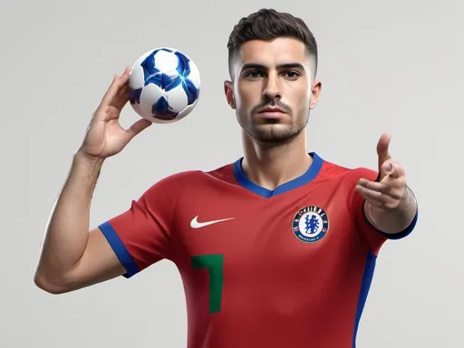 Prompt: (captured design concept of a soccer kit), Chelsea kit influences, Portugal national team colors, blue and white accents, (highly detailed textures), sporty and modern style, crisp lines, (stylized representation), seamless integration of logos, dynamic pose, contemporary fashion aesthetics, 4K resolution, vibrant mood, interactive background, showcasing energy of sports culture.