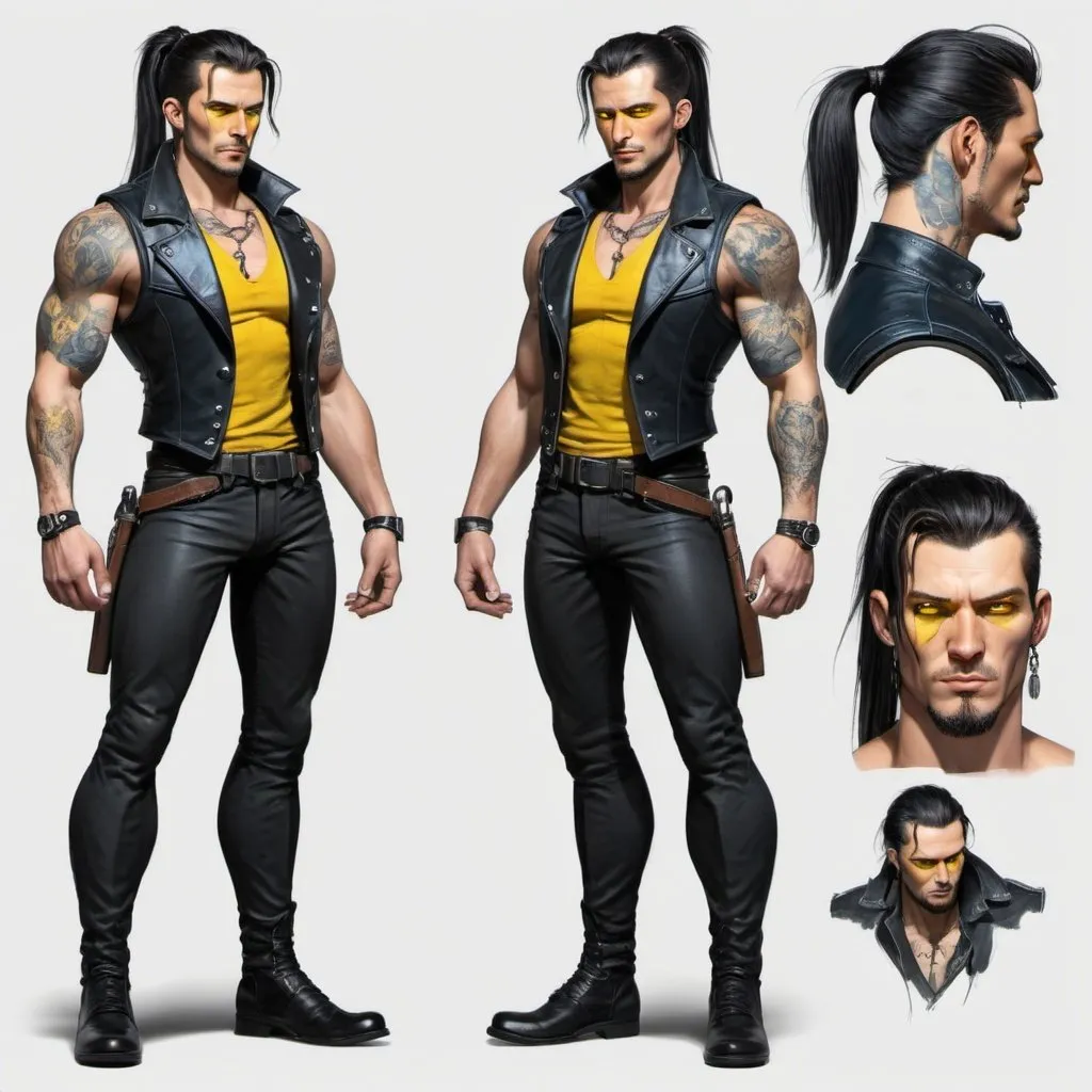 Prompt: Character design sheet man-body is a perfect 6 pick he - ponytail black leather vest with yellow accents, blue eye, tattoos,