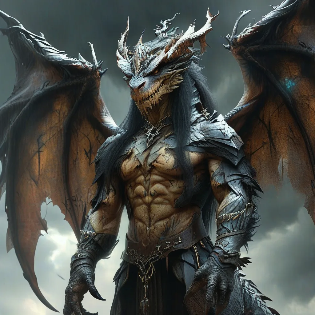 Prompt: A mighty, fearsome dragon with the body of a powerful human. The character stands tall with muscular, human-like legs and a torso, but their skin is a mix of scaly armor and smooth skin that hints at their draconic heritage. Their head is a blend of a dragon and human, with sharp, glowing eyes, and a crown of horns protruding from their forehead. Large, leathery wings stretch from their back, dark and imposing. Their hands are clawed, and their face shows both wisdom and an air of ancient power. Long, flowing hair seems to shimmer with a faint, metallic sheen, as if it reflects the power within. The dragon's body is covered in tattoos or runes that pulse with magical energy, glowing faintly in the dim light. Their posture is confident, almost regal, with a fierce aura of dominance. The character wears a mix of regal armor and tattered cloth, showing signs of battles fought across centuries. The background is a mysterious, stormy sky, with clouds swirling in dark patterns.