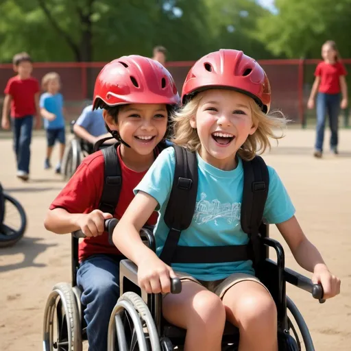 Prompt: Create a vibrant scene capturing the pure joy and exhilaration of childhood on a sun-drenched school playground. Picture a lively 9-year-old boy, his sandy hair tousled by the wind, grinning ear to ear as he energetically pushes a red wheelchair. Seated in the wheelchair, a spirited 9-year-old girl with bright eyes and a radiant smile wears a matching red helmet, her excitement palpable as she leans forward, embracing the rush of speed. The boy's hands firmly grip the handles of the wheelchair, conveying determination and care as he navigates the playground with precision. Behind them, the playground equipment blurs with motion, emphasizing the sense of swiftness and exhilaration. Both children are immersed in the moment, their laughter echoing in the air as they share an unforgettable experience of friendship and freedom