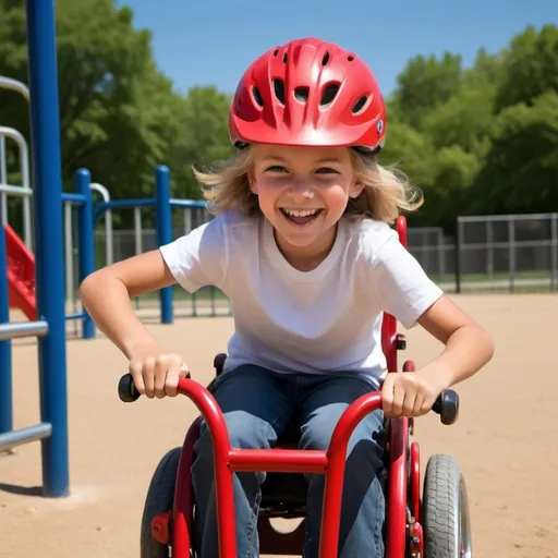 Prompt: Create a vibrant scene capturing the pure joy and exhilaration of childhood on a sun-drenched school playground. Picture a lively 9-year-old boy, his sandy hair tousled by the wind, grinning ear to ear as he energetically pushes a red wheelchair. Seated in the wheelchair, a spirited 9-year-old girl with bright eyes and a radiant smile wears a matching red helmet, her excitement palpable as she leans forward, embracing the rush of speed. The boy's hands firmly grip the handles of the wheelchair, conveying determination and care as he navigates the playground with precision. Behind them, the playground equipment blurs with motion, emphasizing the sense of swiftness and exhilaration. Both children are immersed in the moment, their laughter echoing in the air as they share an unforgettable experience of friendship and freedom