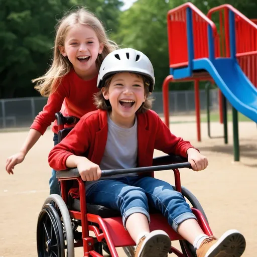 Prompt: Create a vibrant scene capturing the pure joy and exhilaration of childhood on a sun-drenched school playground. Picture a lively 9-year-old boy, his sandy hair tousled by the wind, grinning ear to ear as he energetically pushes a red wheelchair. Seated in the wheelchair, a spirited 9-year-old girl with bright eyes and a radiant smile wears a matching red helmet, her excitement palpable as she leans forward, embracing the rush of speed. The boy's hands firmly grip the handles of the wheelchair, conveying determination and care as he navigates the playground with precision. Behind them, the playground equipment blurs with motion, emphasizing the sense of swiftness and exhilaration. Both children are immersed in the moment, their laughter echoing in the air as they share an unforgettable experience of friendship and freedom