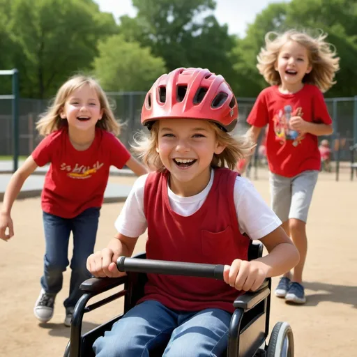 Prompt: Create a vibrant scene capturing the pure joy and exhilaration of childhood on a sun-drenched school playground. Picture a lively 9-year-old boy, his sandy hair tousled by the wind, grinning ear to ear as he energetically pushes a red wheelchair. Seated in the wheelchair, a spirited 9-year-old girl with bright eyes and a radiant smile wears a matching red helmet, her excitement palpable as she leans forward, embracing the rush of speed. The boy's hands firmly grip the handles of the wheelchair, conveying determination and care as he navigates the playground with precision. Behind them, the playground equipment blurs with motion, emphasizing the sense of swiftness and exhilaration. Both children are immersed in the moment, their laughter echoing in the air as they share an unforgettable experience of friendship and freedom