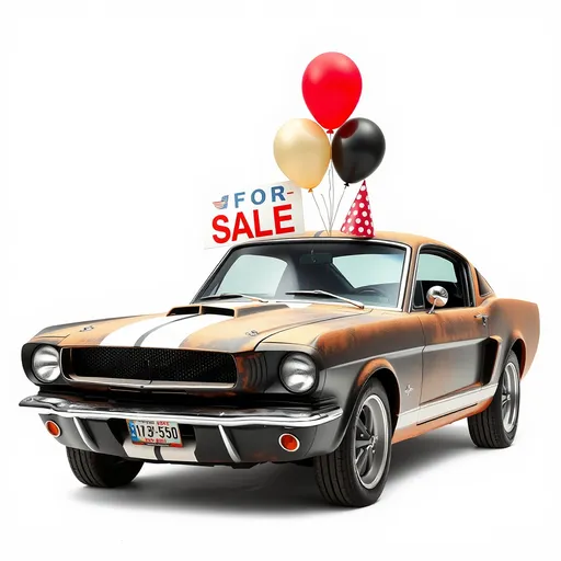 Prompt: make me a picture of this A classic shelby black
 in dust with a for sale sign in the window, but the car has a party hat and balloons. Also a white background side view
