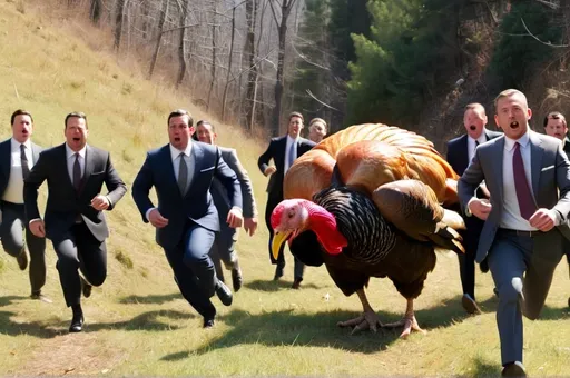 Prompt: hundreds of men in suits chasing a big fat turkey down a hill 