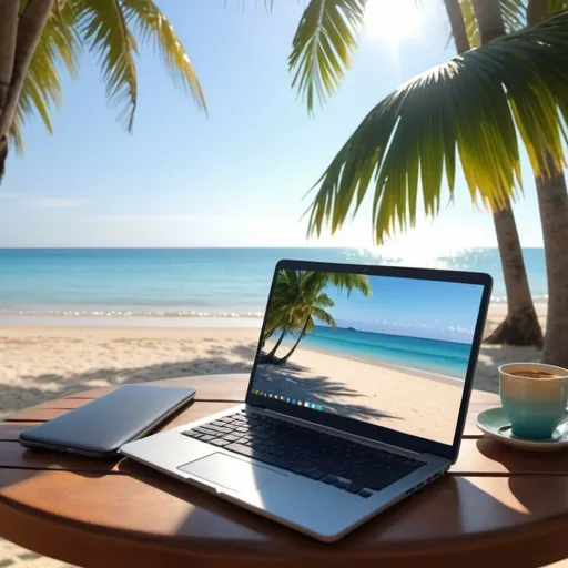 Prompt: Laptop and cellphone on a table, (beach in the background), warm sunlight casting shadows, crystal blue waves softly lapping against the shore, vibrant tropical foliage surrounding, relaxed ambiance, inviting atmosphere, serene scene, (highly detailed), (4K) quality, capturing a peaceful work-life balance near the sea.