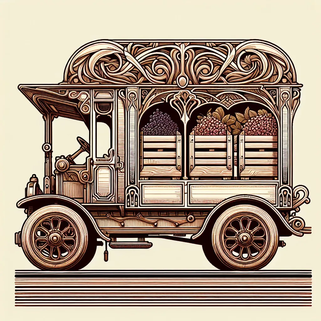 Prompt: Alphonse Mucha Style, art nouveau a fruit truck shown from the the side, no angles, that has stacks of crates it is shipping.  