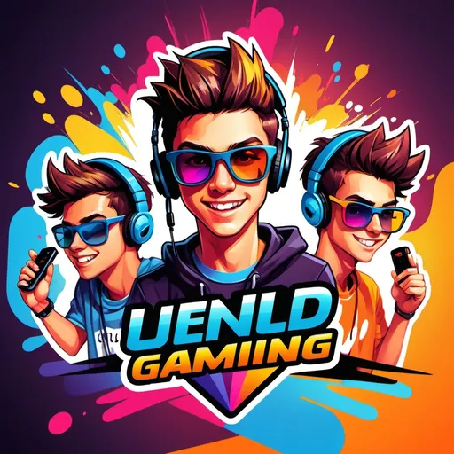 Prompt: (logo design) vibrant gaming channel logo, (energetic atmosphere) three teenagers, (central focus) one in the middle wearing a headset and sunglasses, two on either side holding joysticks, dynamic poses, colorful accents, playful background with gaming elements, modern style, bold typography, HD, appealing to a youthful audience.