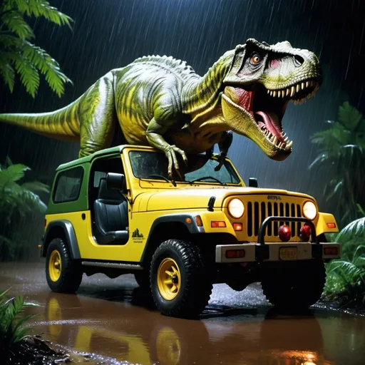 Prompt: The grey coloured t rex from jurassic park attacking and chasing a 1992 yellow and green jeep in jurassic park colours, at night. The t rex is darkly lit. It is raining. Blood and gore are dripping from the t rexes mouth. Use reference images from the 1993 film 'Jurassic Park' by steven speilberg. 90s film grain. photo realistic, horror movie feel. Make the dinosaur look real and scary