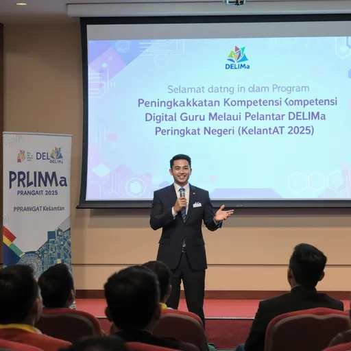 Prompt: "A confident young Malay man wearing a smart formal suit (kot), standing on a stage or in front of a group of Malay teachers seated in a seminar hall. He smiles warmly, raises one hand slightly as he speaks. The scene is set in a modern educational setting with banners showing 'DELIMa' and 'PRANGAT 2025'. Subtitle on screen: 'Selamat datang ke dalam Program Peningkatan Kompetensi Digital Guru Melalui Pelantar DELIMa Peringkat Negeri Kelantan (PRANGAT) 2025'. Background shows a digital-themed backdrop with subtle Malaysian cultural elements (songket, batik patterns)."