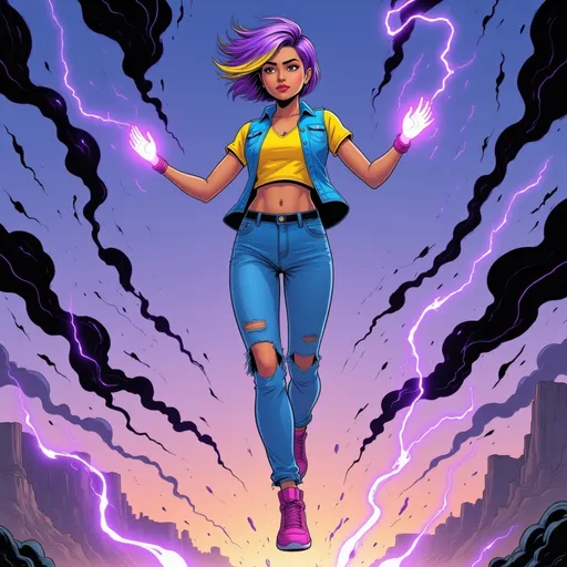 Prompt: @VyGV9VHGuYwiLLcXjsvg A vibrant illustration of floating gracefully in mid-air shooting purple energy blast out of her hands. The character, with flowing hair that dances in an unseen breeze, is surrounded by a soft glow that highlights her silhouette against a backdrop of a twilight sky filled with swirling clouds. Below, the ground is a blur, suggesting a sense of height and freedom. The lighting casts gentle shadows, enhancing the ethereal quality of the scene. Wisps of light trail from her fingertips, adding a magical touch to the composition, while the angle captures her from below, emphasizing her elevation and the wonder of her flight., Floating, Bent Forwards
