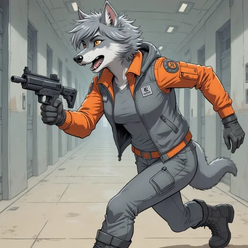 Prompt: @raven running down corridor  while holding shotgun in hand, snowy like corridor 