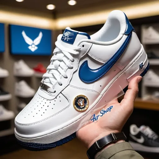Prompt: The image features a sneaker model Air Force One, with the name 'Arm Shop' displayed in the background. The sneaker is positioned in such a way that its logo and design are highlighted, creating an association with a store offering stylish footwear and clothing