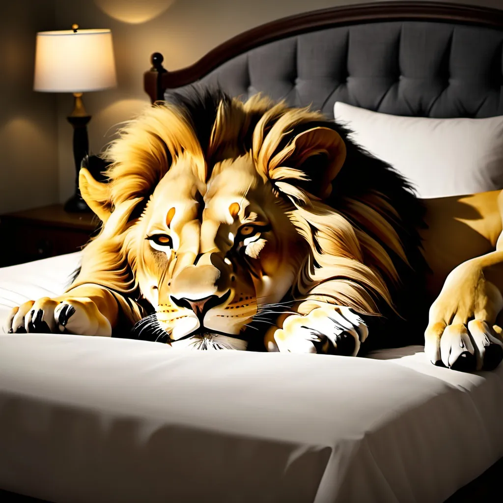 Prompt: Create an image of a Lion sleeping in a bed