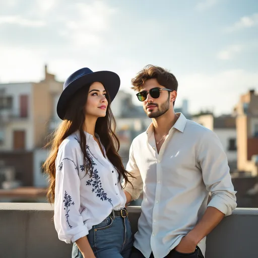 Prompt: Against a bright sky, a young couple poses on a rooftop, exuding a relaxed yet stylish vibe. The woman, wearing a white embroidered shirt and a wide-brimmed navy hat, stands slightly to the side, her long hair cascading over her shoulders, while she gazes thoughtfully into the distance. Next to her, the man, dressed in a light-colored shirt and dark jeans, leans casually against the wall, sporting a confident expression and sunglasses. The backdrop features a blend of urban buildings, enhancing the contemporary feel of the scene, with soft sunlight casting a warm glow that highlights their outfits and creates a cheerful ambiance. This image captures a moment of companionship, effortlessly blending fashion with a sense of urban exploration.