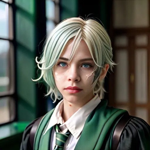 Prompt: A female slytherin hogwarts student. She has an androgynous appearance, with medium length platinum blonde in a in a wavy hairstyle, she has icy blue eyes, a scar on her cheek.