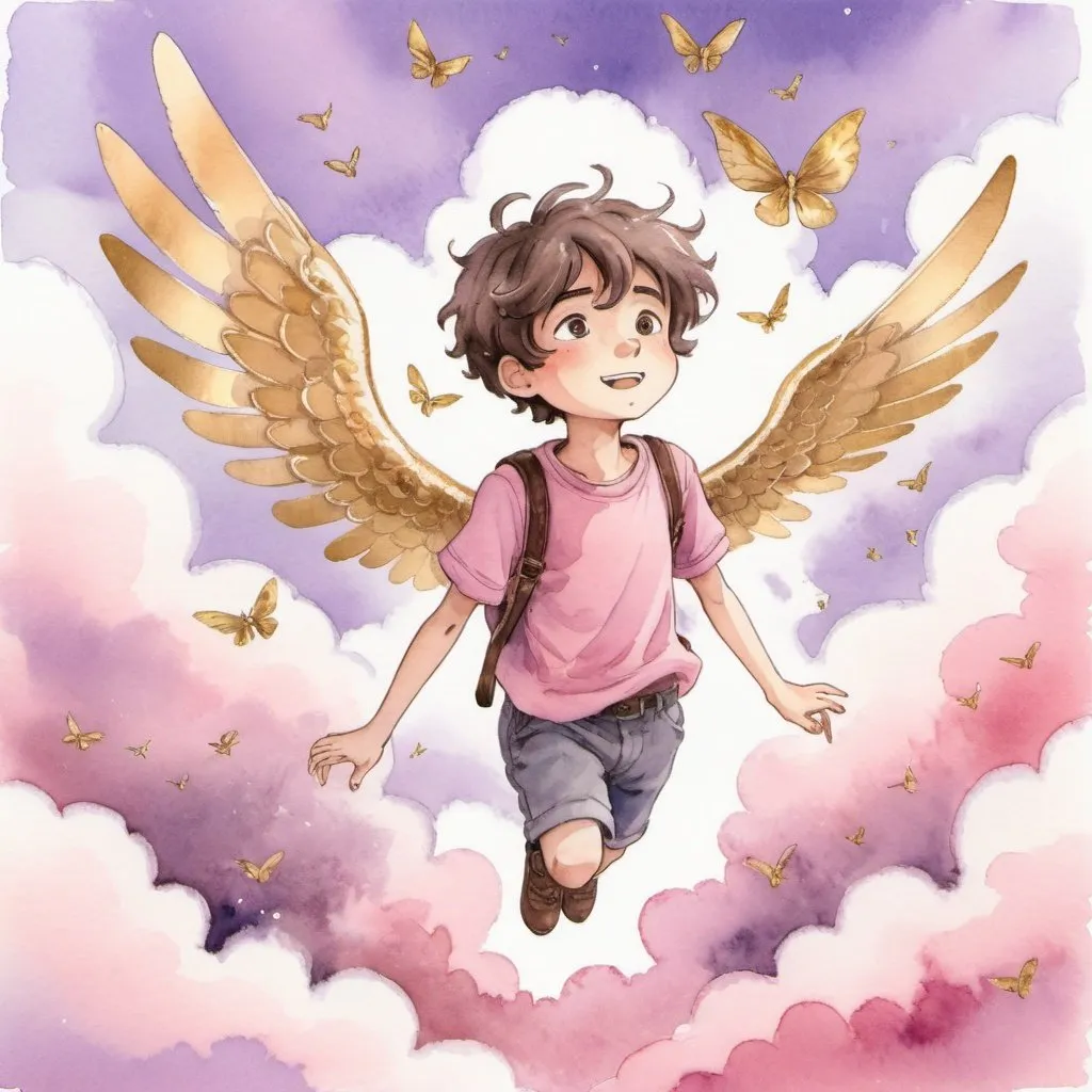 Prompt: Watercolor drawing of a boy in Ghibli style flying on pink and lavender clouds. He is twelve years old. Next to him is a golden Kisses chocolate with wings flying.