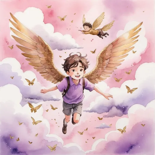 Prompt: Watercolor drawing of a boy in Ghibli style flying on pink and lavender clouds. He is twelve years old. Next to him is a golden Kisses chocolate with wings flying.