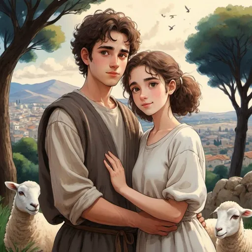 Prompt: Picture a young man and woman who come looking for a lamb and fall in love. The man is 23 years old and the woman is 19 years old. They lived in Israel 3600 years ago. Draw it in Ghibli style.