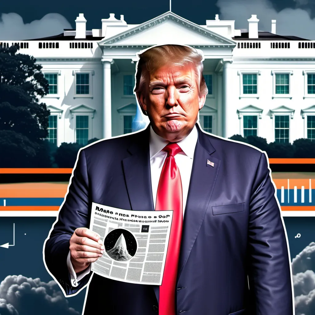 Prompt: Make me A picture of trump in front of the white house with memecoin crypto in his hand and a rocket to the moon of a trading chart