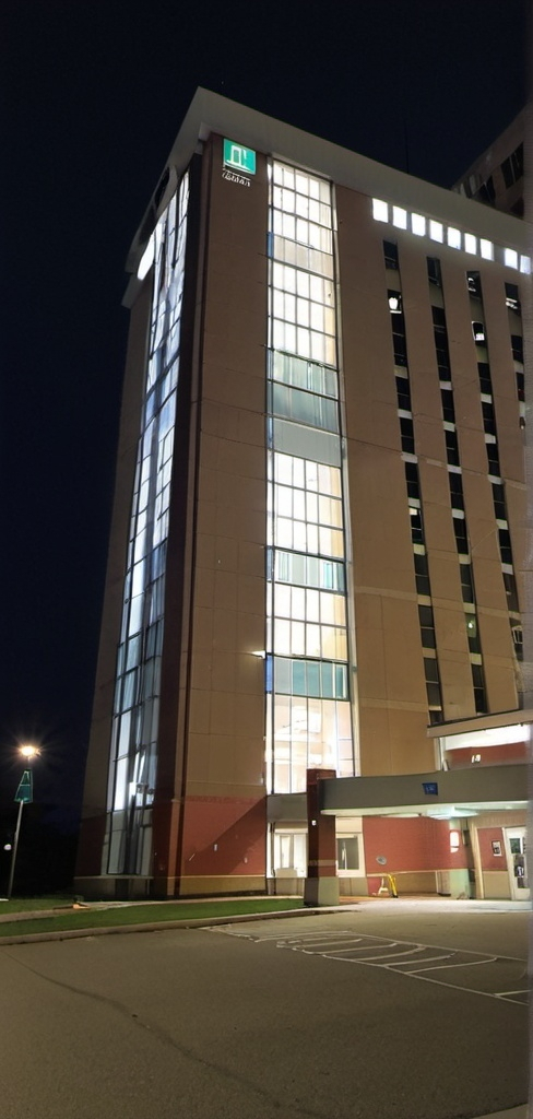 Prompt: outside an emergency room at a big tall hospital building at night