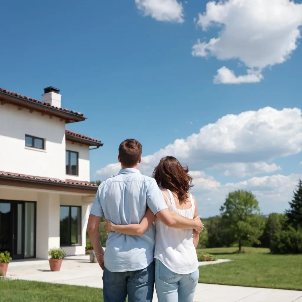 Prompt: lots of Open sky. Happy smiling couple in the distance in front of nice home. 