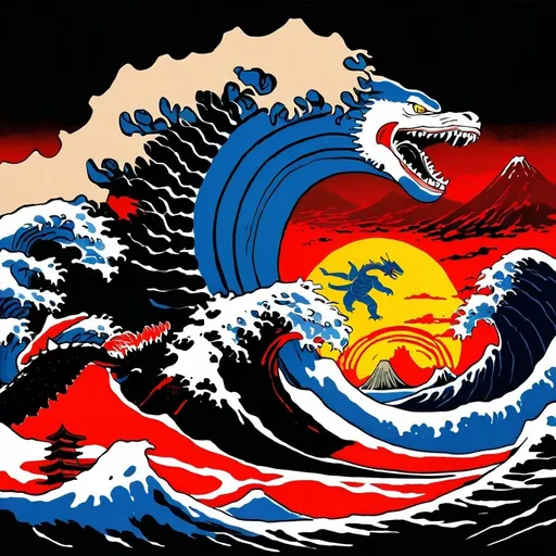 Prompt: Hokusai great wave fighting godzilla and voltron