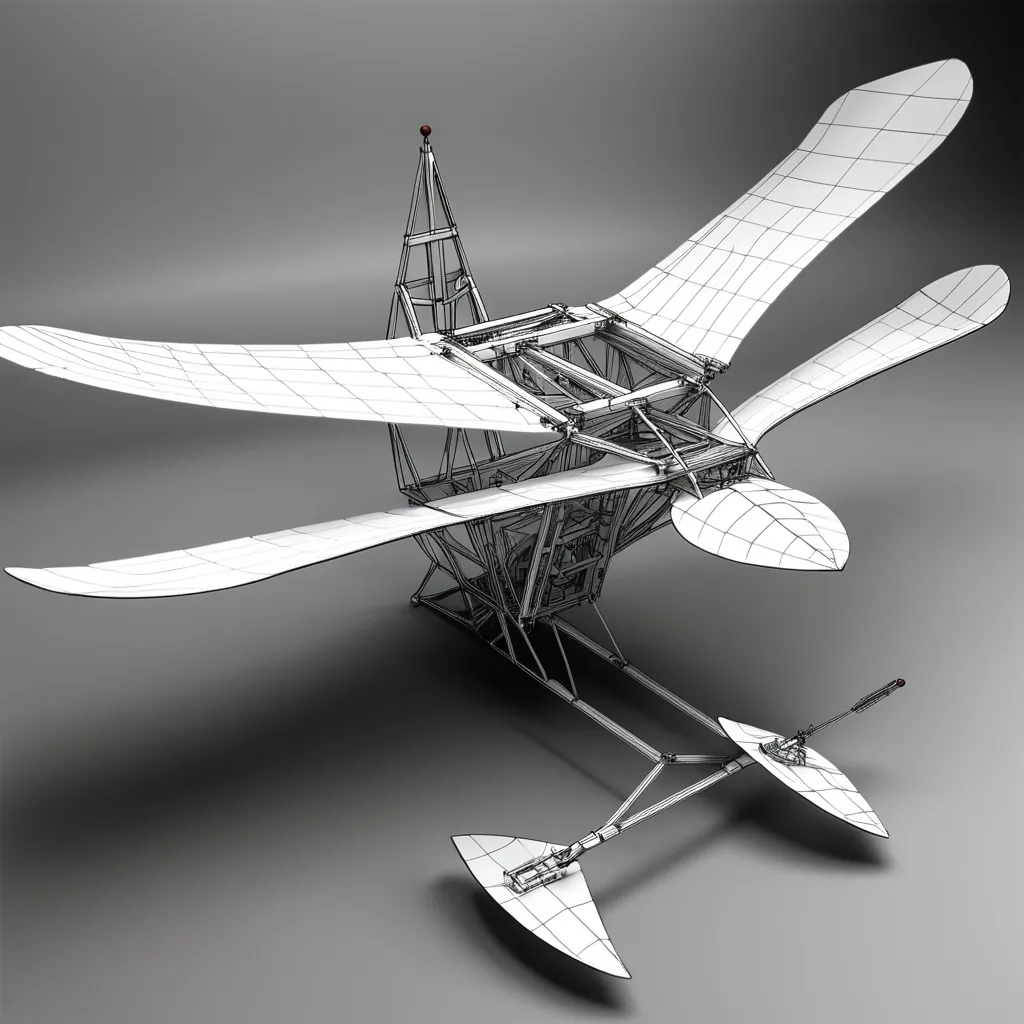 Prompt: A detailed CAD drawing of an ornithopter that can fly. It's size is 2.25 feet and wingspan is 4-5 feet also the weight is 1.8kg. Arrange places for a battery, a couple of servos and a couple of gears and a mini microcontroller. We have to make it fly so make required arrangements for tail and how it will serve it's function.