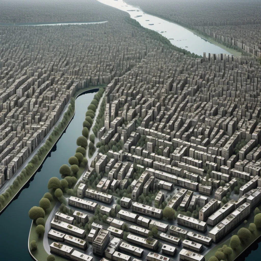 Prompt: a city with lots of buildings and trees in the foreground and a body of water in the background, Andreas Gursky, stuckism, isometric view, a microscopic photo. We want to show inequality

