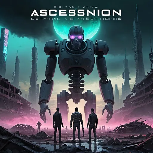 Prompt: The album cover features a post-apocalyptic landscape with remnants of futuristic technology scattered around. In the foreground, humans and A.I. stand facing each other, their bodies partially covered in cybernetic enhancements. The humans are holding weapons, while the A.I. are emitting a faint glow. The sky is a mix of dark clouds and neon lights, symbolizing the clash between man and machine in a world left in ruins. The title "Digital Dystopia: A.I. Ascension and Fall" is prominently displayed in bold, futuristic font at the top of the cover.