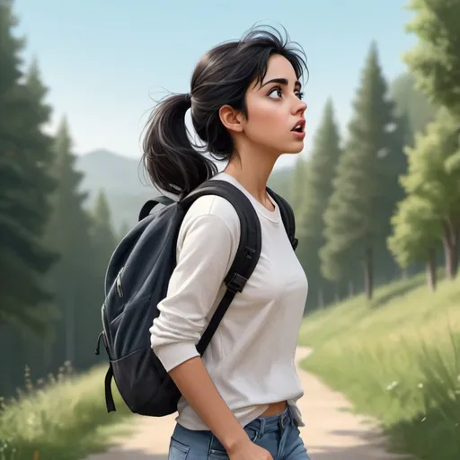 Prompt: Realistic illustration of a surprised girl walking, profile view, set in nature,  sporty outfit, denim jeans, big expressive black eyes, black hair, backpack, detailed features, high quality, surprise expression, sporty attire, realistic style, casual, natural lighting, , adventurous atmosphere