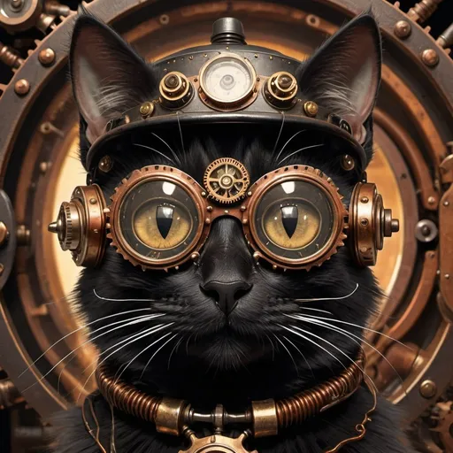 Prompt: Steampunk illustration of a black cat, industrial atmosphere, detailed gear accessories, copper and brass tones, intricate mechanical details, vintage industrial setting, high-quality, artstyle-steampunk, detailed feline features, retro-futuristic, industrial lighting, detailed fur with metallic reflections, antique machinery, steampunk goggles, industrial pipes, best quality, highres, ultra-detailed, steampunk, detailed eyes, retro-futuristic, atmospheric lighting