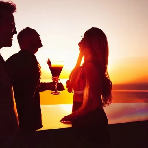 Prompt: enjoying people at sunset with cocktail