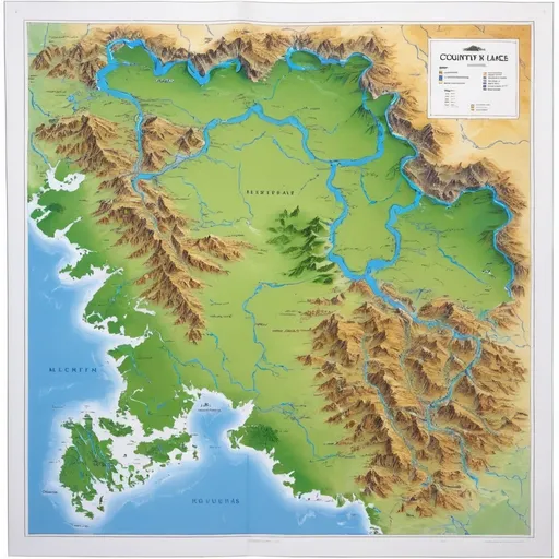 Prompt: A physical map of a country, with rivers, lakes, mountains,  hills