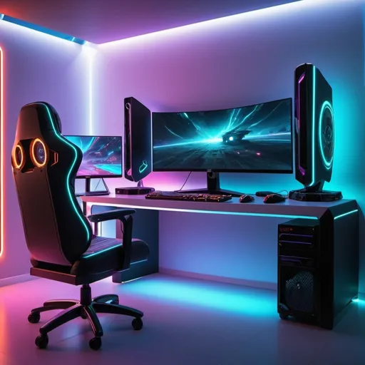 Prompt: 3d desktop PC over table in gaming hi tech room with nice gaming ambient light