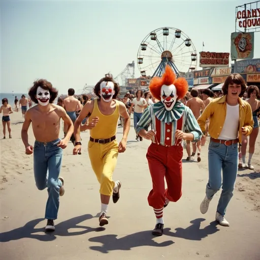 Prompt: 1970's teenagers running
 at Coney Island with a scary clown

