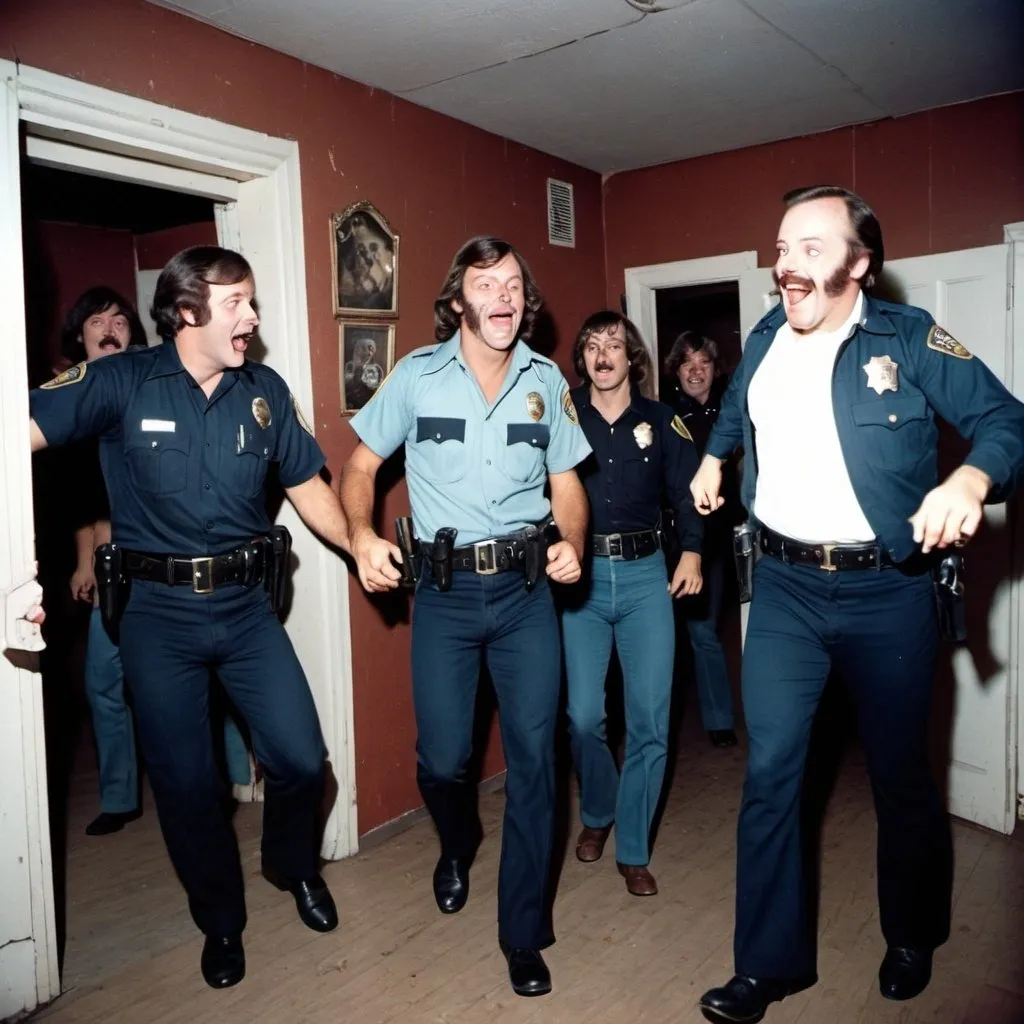 Prompt: cops having fun
 at a haunted house in the 1970's



