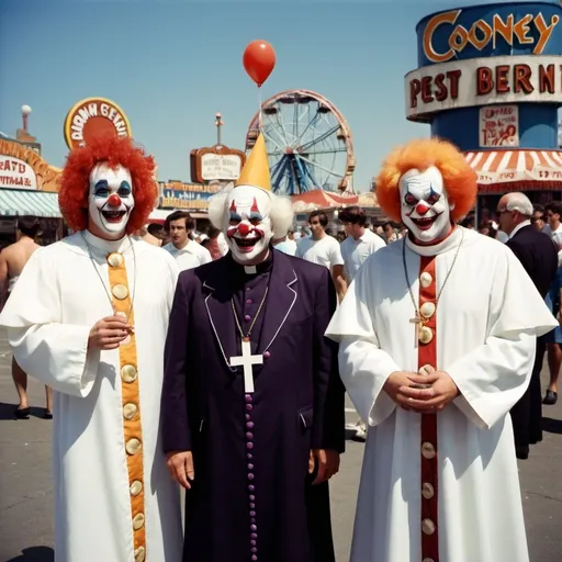 Prompt: 1970's priests 
 at Coney Island with a scary clown

