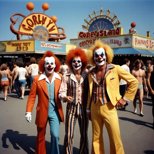 Prompt: 1970's rock stars
 at Coney Island with a scary clown

