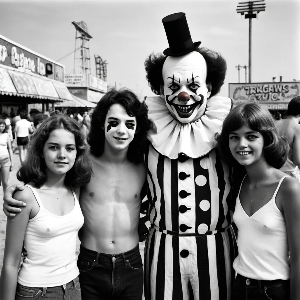 Prompt: 1970's teenagers at Coney Island with a scary clown

